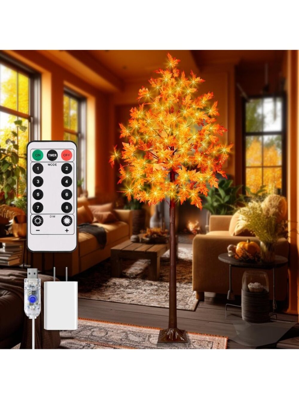 7FT Lighted Maple Tree - Artificial Fall Decor with Timer & 8 Lighting Modes